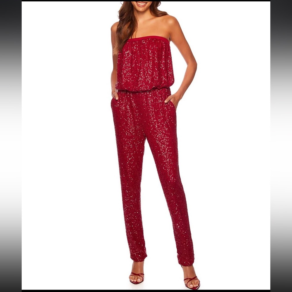New Red Sequin Strapless Tube Straight Leg Jumpsuit size medium